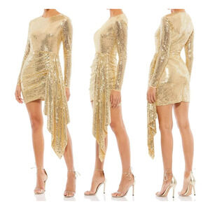 NWT MAC DUGGAL Draped Skirt Fitted Sequin Long Sleeve Mini Dress 10785 Gold SZ 6